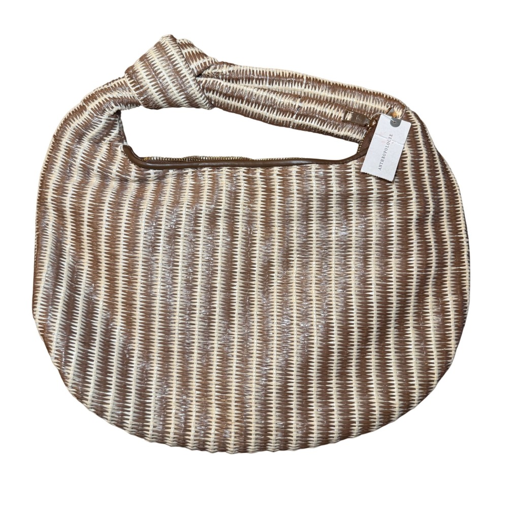 Anthropologie Melie Bianco Brigette Woven Hobo Bag Brown Cream Striped Knotted